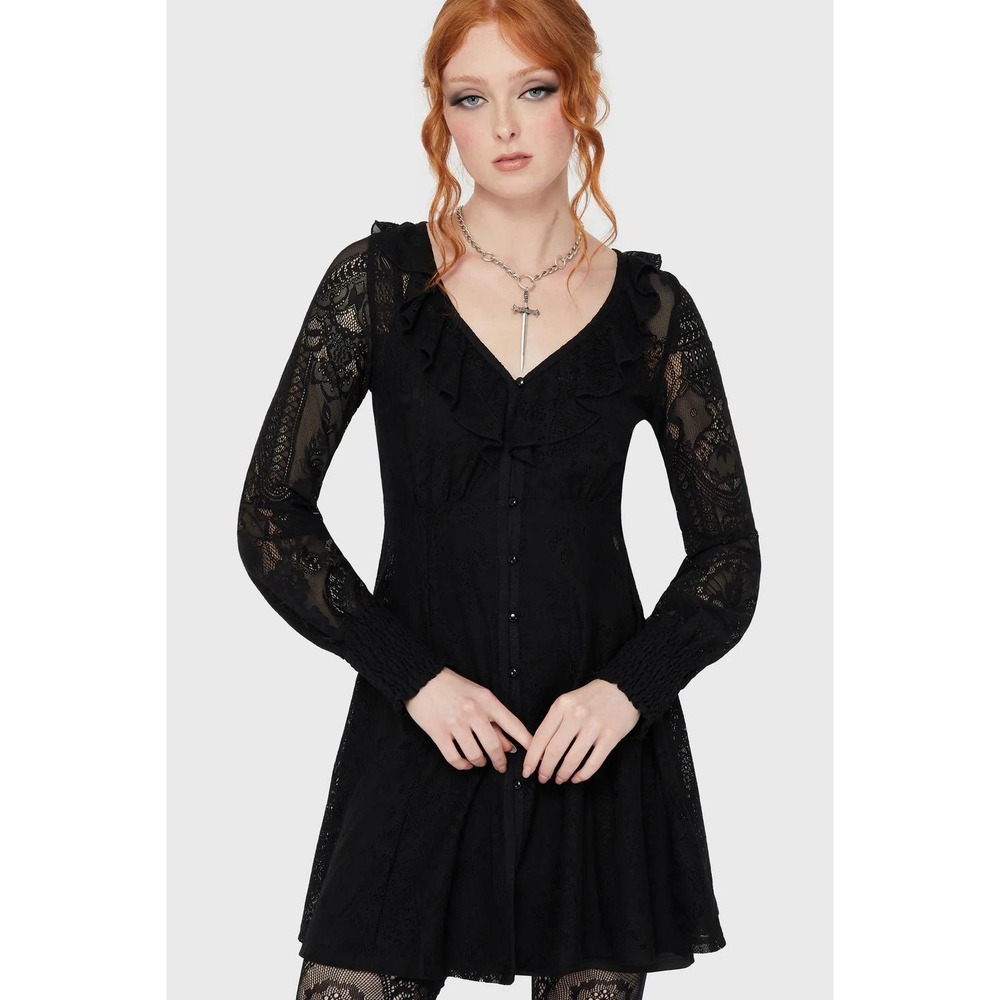 Killstar Cybele Lace Dress Black Gothic Ruffle Sheer Mini